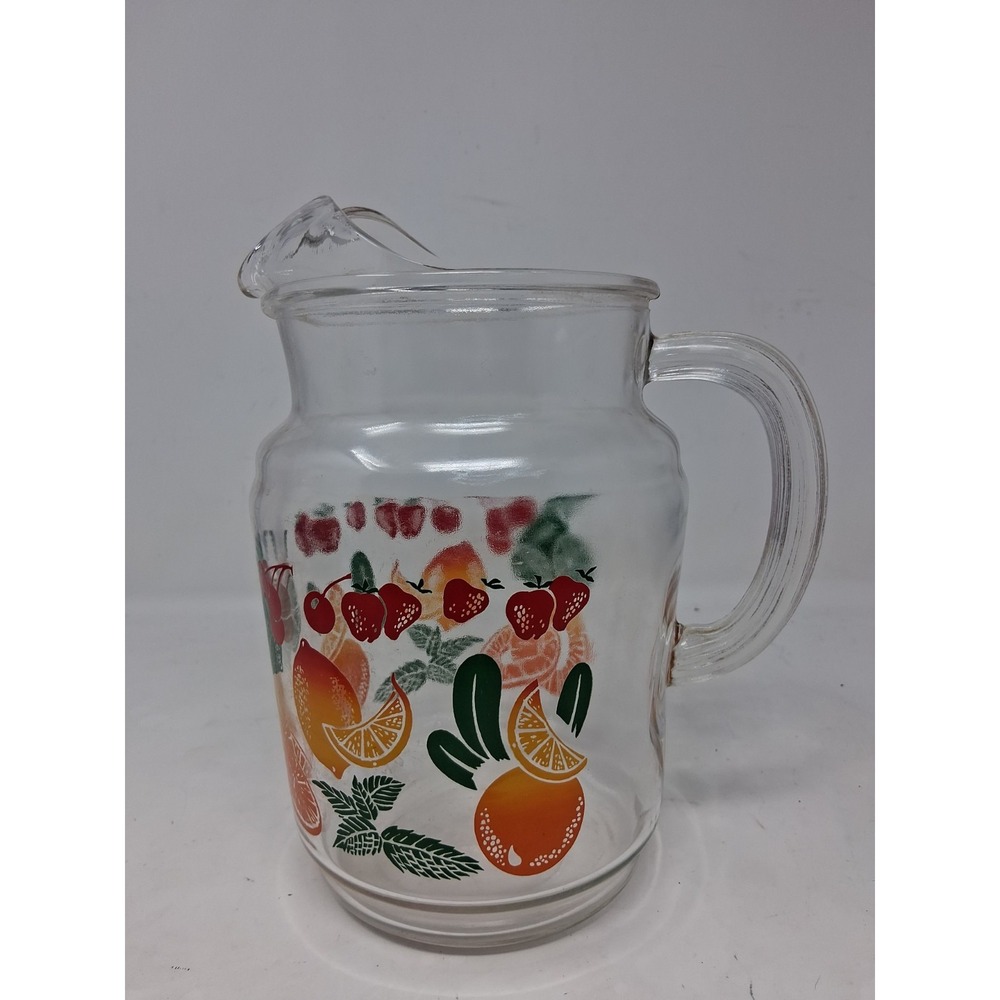 MCM VINTAGE Fruit Clear Glass 9.5" Tall Drink Pitcher Strawberries Oranges Retro